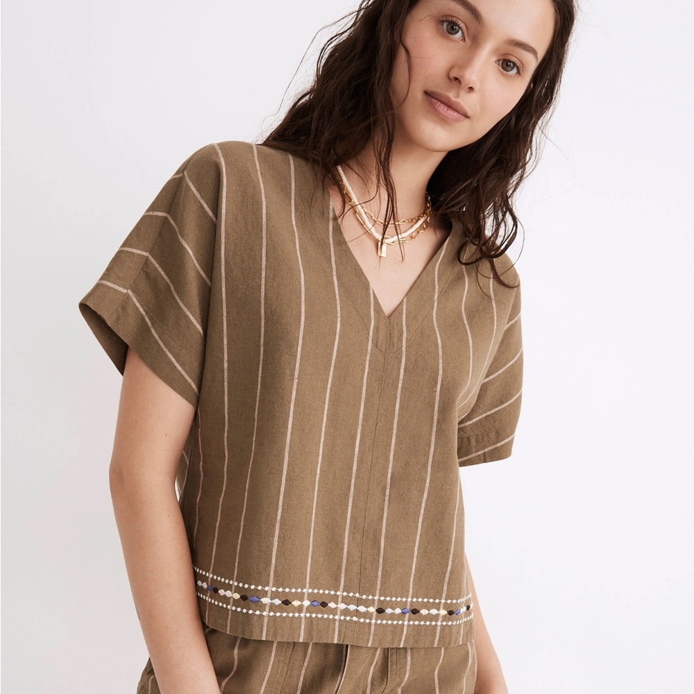 Madewell Embroidered Linen-Cotton v-neck top